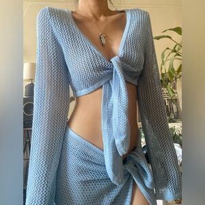 Light Blue Mesh Crochet Tie-Front Top and Wrap Skirt Set XS-S